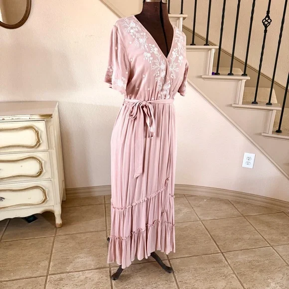 BOHME Size Small Dusty Pink Embroidered Feminine Tiered Ruffle Maxi Dress Spring - Picture 2 of 11